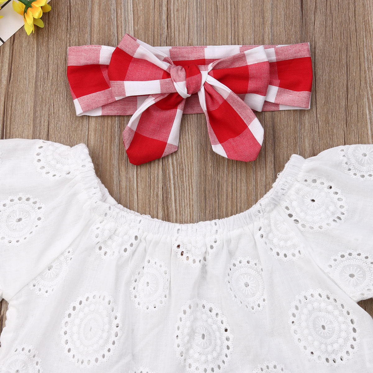 3Pcs Set 0-24M Newborn Baby Girl Clothes Cute Summer Off Shoulder Lace Tops+ Red Plaid Short Dress Headband Outfit