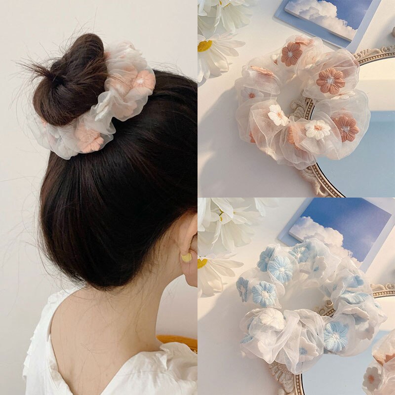 Doux broderie fleurs maille chouchous femmes romantique rose bleu cheveux corde Transparent Tulle Organza cheveux cravates cheveux accessoires