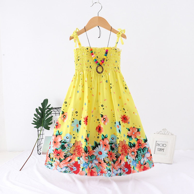 Été filles robe florale fronde volants bohème plage princesse robes pour fille vêtements 2/6/8/12 ans avec collier cadeau