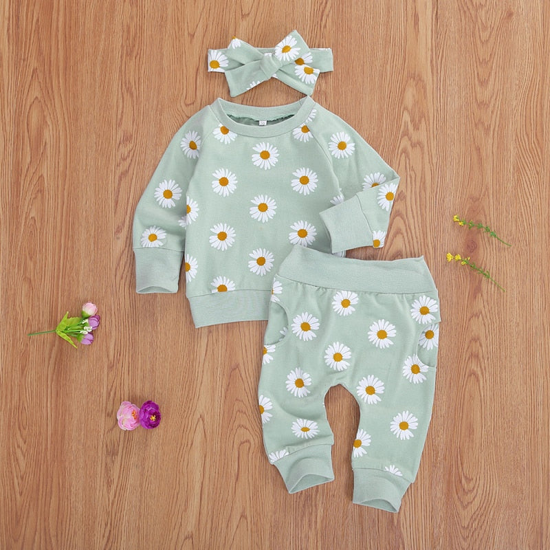 Enfant en bas âge nouveau-né bébé fille 0-24M, ensemble de vêtements d'automne marguerite haut en coton imprimé pantalons longs 2 pièces tenues