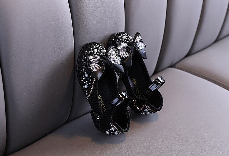 Children Leather Shoes Rhinestone Bow Princess Girls Party Dance Shoes Baby Student Flats Kids Performance Shoes