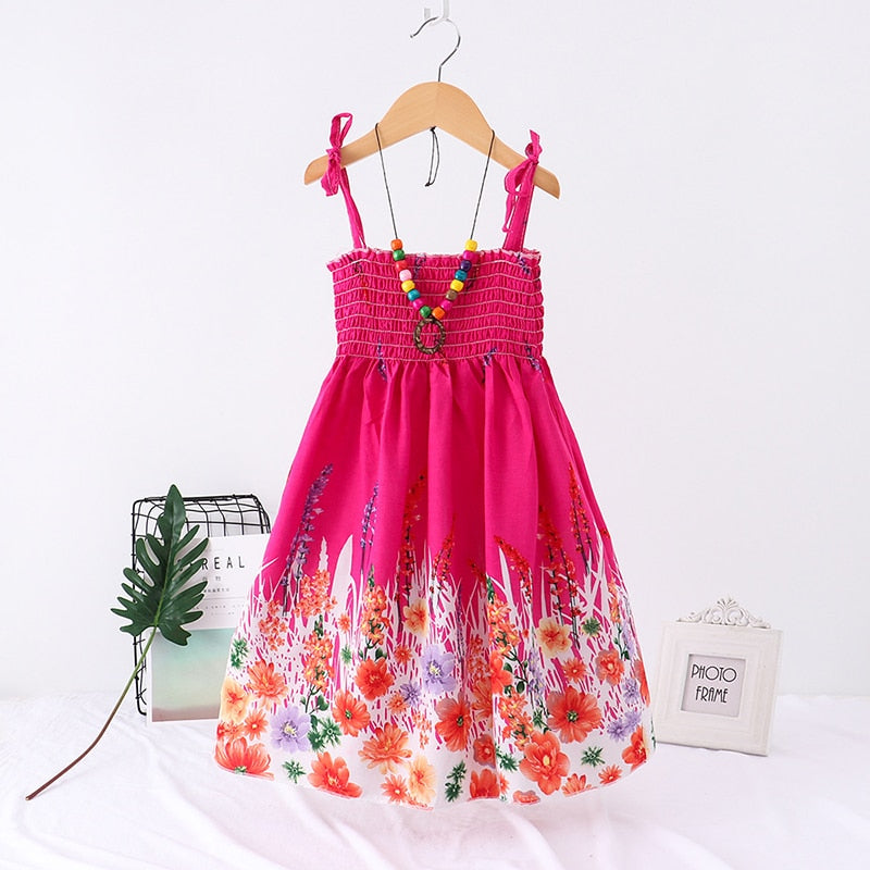 Sommer Mädchen Blumenkleid Sling Rüschen Böhmische Strandprinzessin Kleider für Mädchen Kleidung 2/6/8/12 Jahre mit Halskette Geschenk