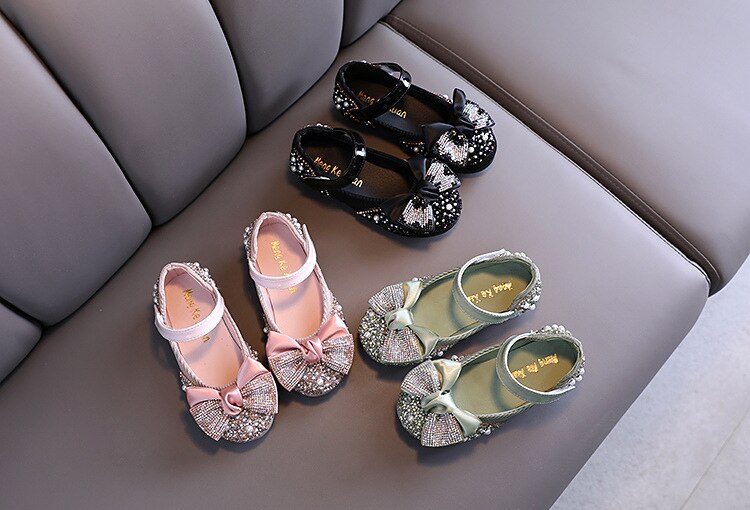 Children Leather Shoes Rhinestone Bow Princess Girls Party Dance Shoes Baby Student Flats Kids Performance Shoes