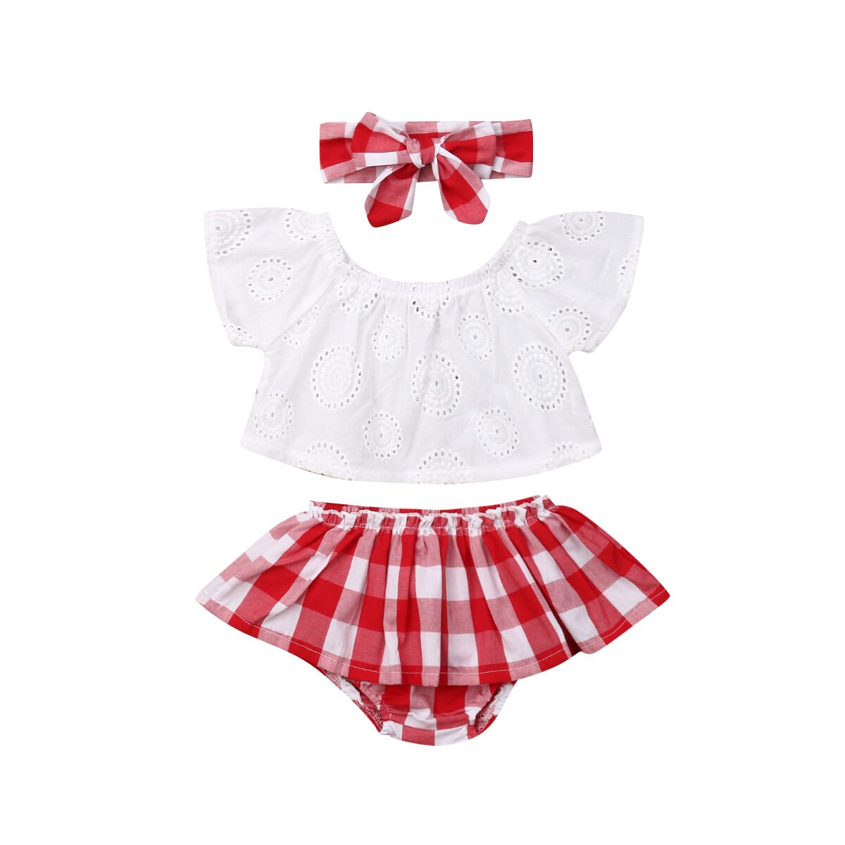 3Pcs Set 0-24M Newborn Baby Girl Clothes Cute Summer Off Shoulder Lace Tops+ Red Plaid Short Dress Headband Outfit