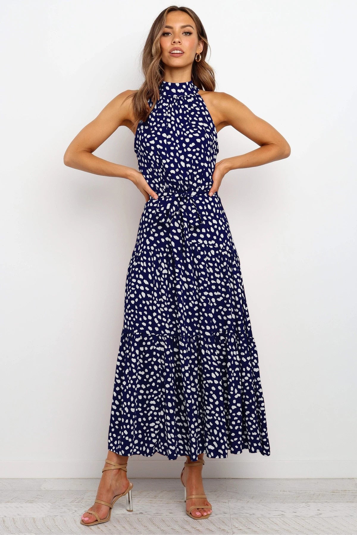 Sommer langes Kleid Polka Dot Freizeitkleider Schwarz Halfter trägerlos, gelbes Sommerkleid Urlaubskleidung für Frauen