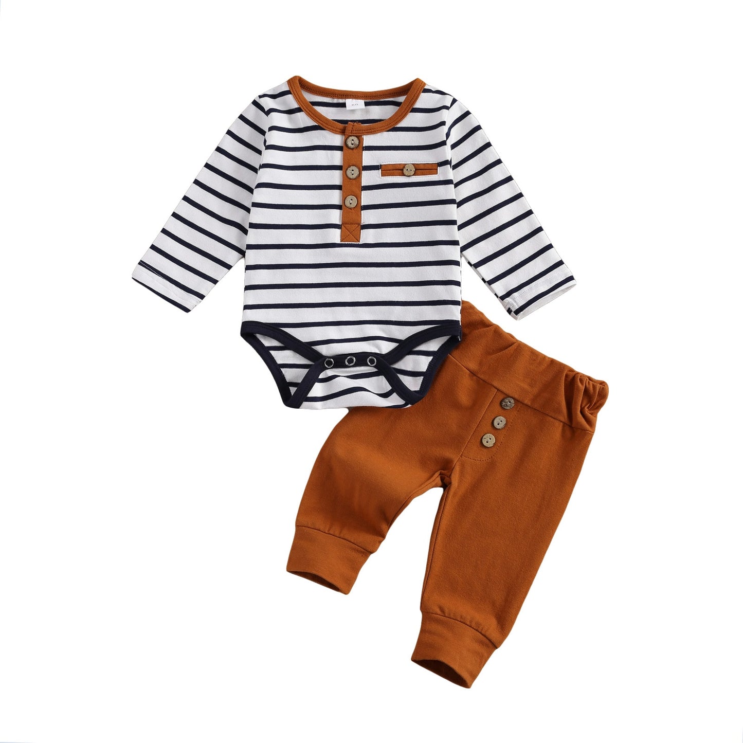 2 pièces bébé garçon fille costume décontracté vêtements col rond manches longues rayure barboteuse bouton décoration pantalon ample