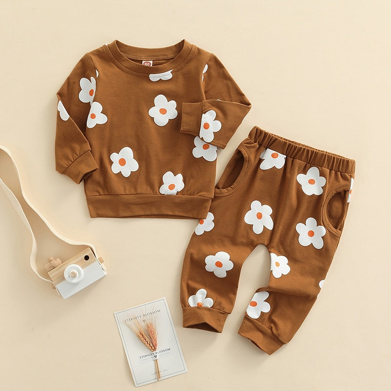 Enfant en bas âge bébé fille 2 pièces, 0-4 ans, ensemble de vêtements d'automne à manches longues col rond imprimé fleuri haut pantalon long tenue décontractée