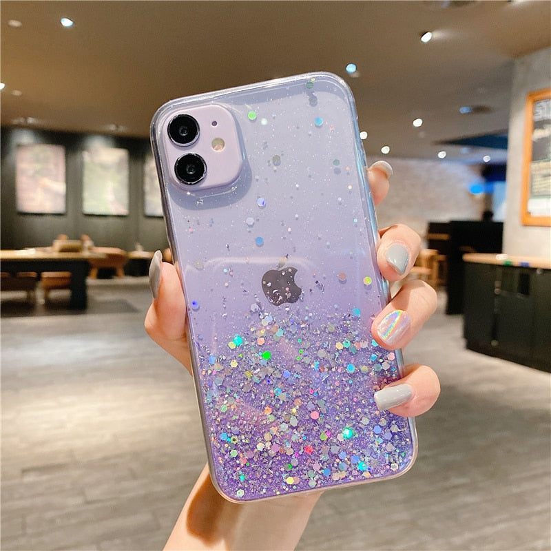 Coque de téléphone à paillettes transparentes pour iPhone 13 12 Pro 11 14 Pro Max XS Max XR X 7 8 Plus SE 2020 Coque à paillettes arc-en-ciel dégradé mignon