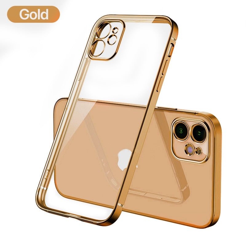 Luxury Plating Square Frame Silicone Transparent Case on For iPhone 11 12 13 14 Pro Max Mini X XR 7 8 Plus SE 3 Clear Back Cover