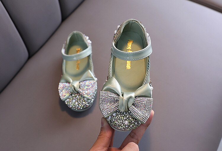 Children Leather Shoes Rhinestone Bow Princess Girls Party Dance Shoes Baby Student Flats Kids Performance Shoes