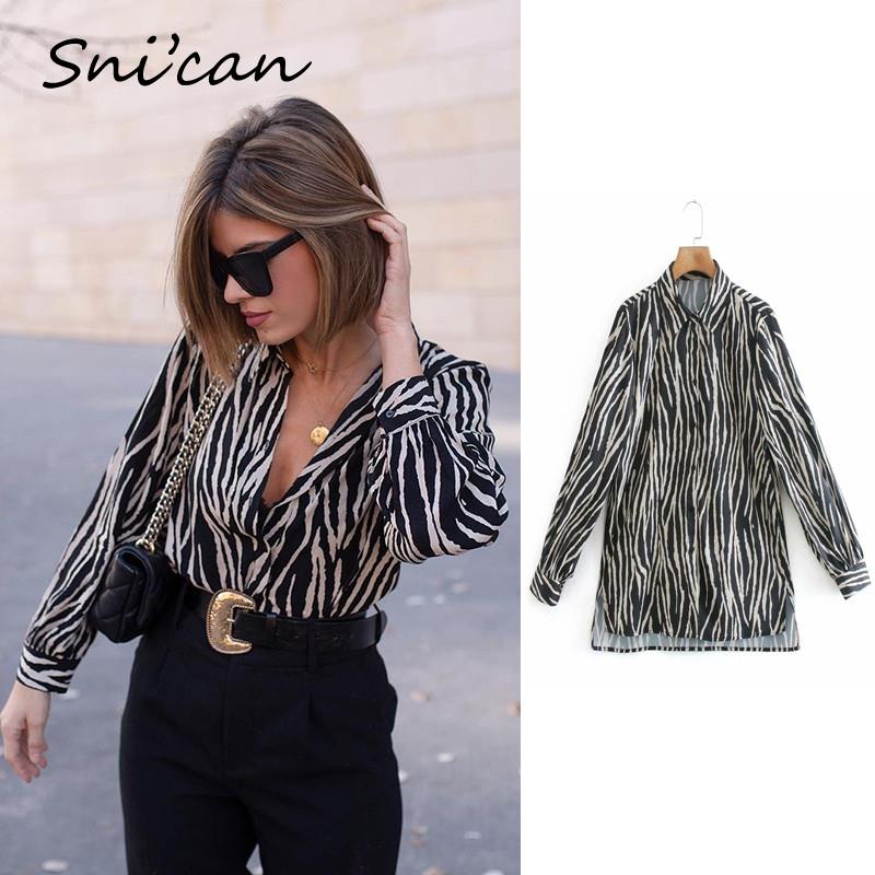 Frauen Satinbluse Langarm Zebradruck Hemden Vintage Büro Damen Tops Femme Chandails Mode