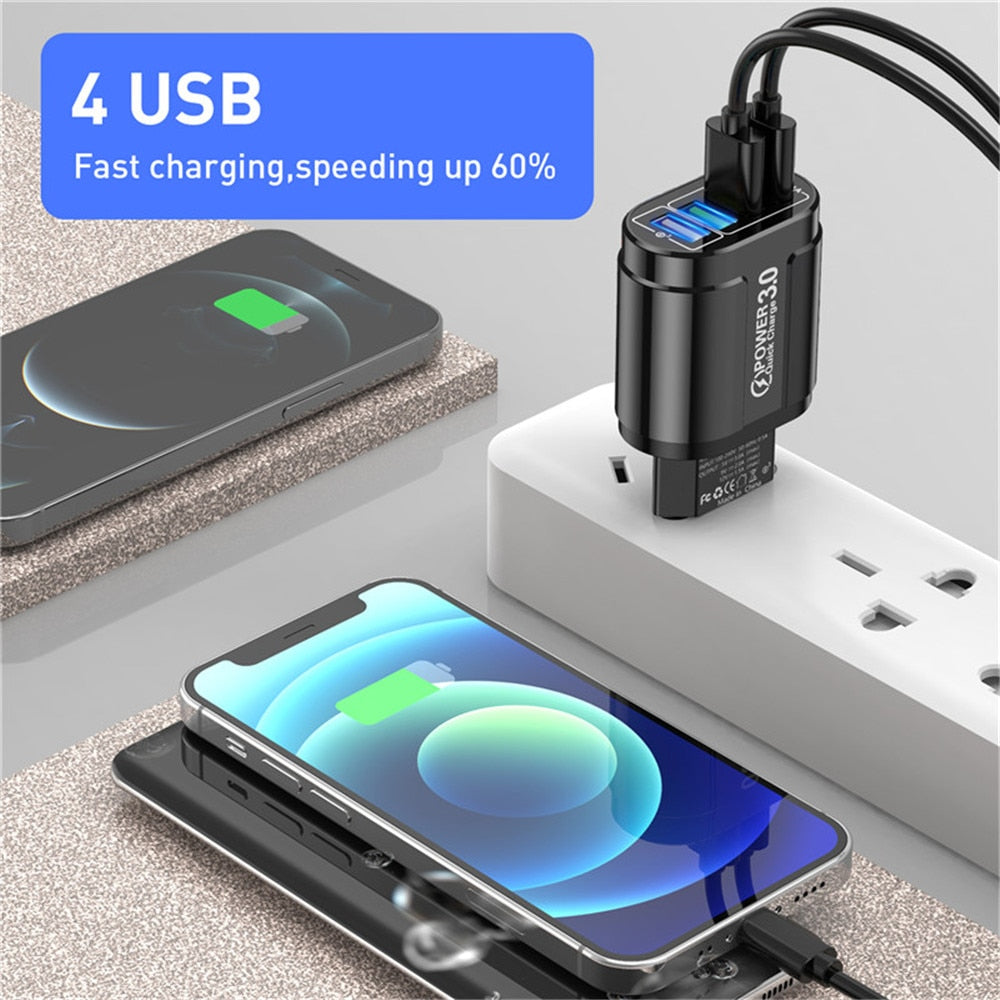 48W USB Charger Fast Charge QC 3.0 Wall Charging For iPhone 14 13 Samsung Xiaomi Mobile 4 Ports EU US Plug Adapter Travel