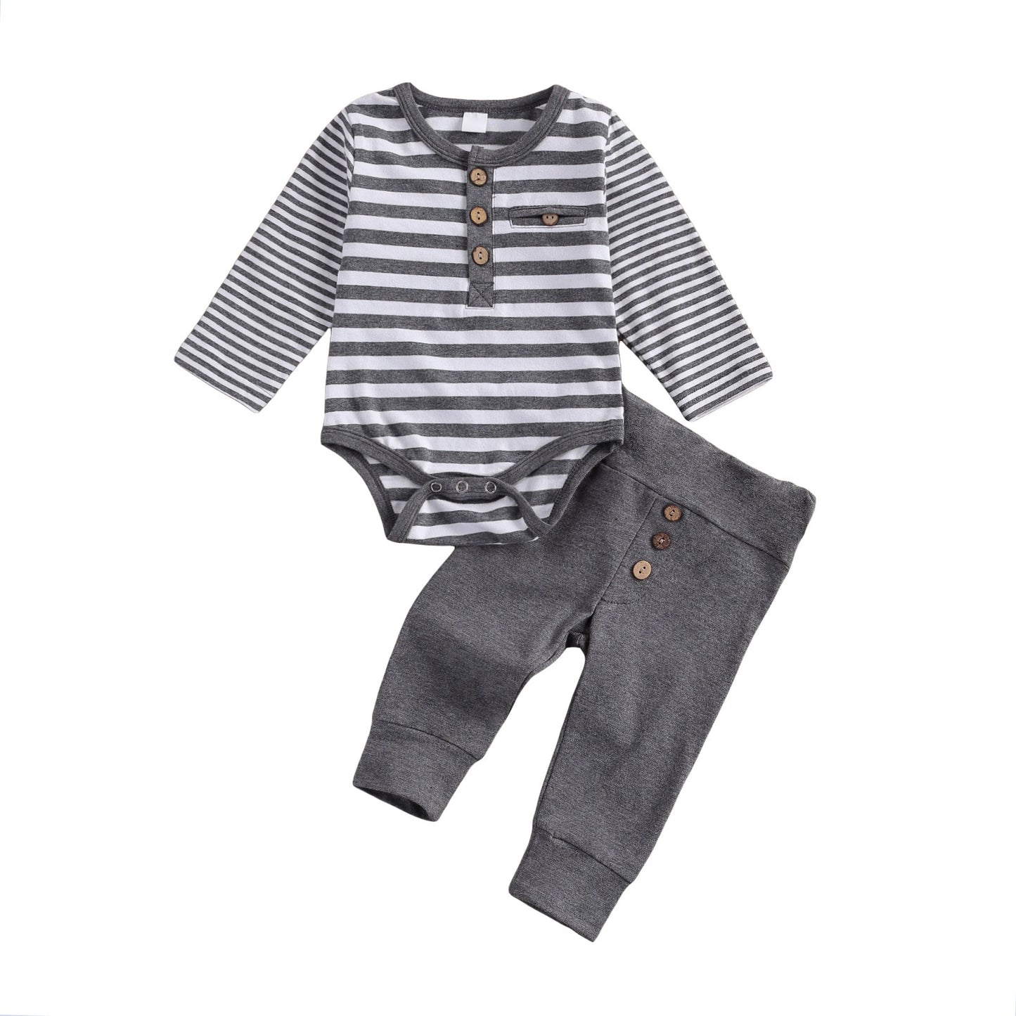 2 Stück Baby Jungen Mädchen Casual Anzug Kleidung Rundhals Langarm Streifen Strampler Knopf Dekoration Lose Hosen