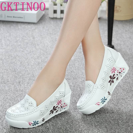 Women's White Leather Platform Wedge Shoes - Casual Swing Mother Shoes