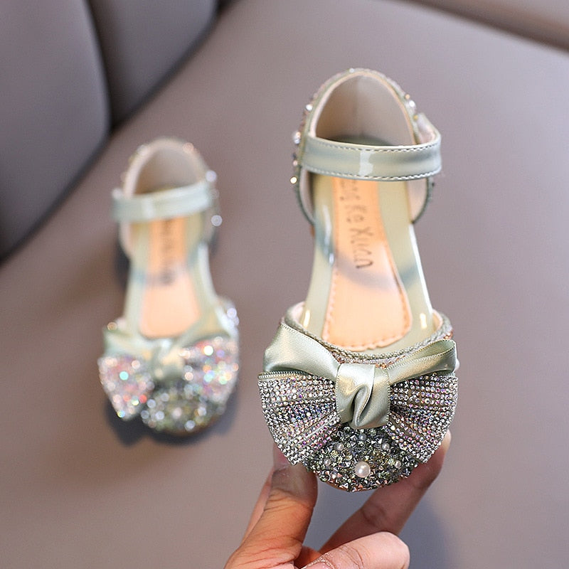 Children Leather Shoes Rhinestone Bow Princess Girls Party Dance Shoes Baby Student Flats Kids Performance Shoes