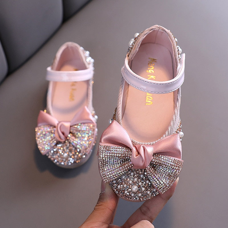 Children Leather Shoes Rhinestone Bow Princess Girls Party Dance Shoes Baby Student Flats Kids Performance Shoes