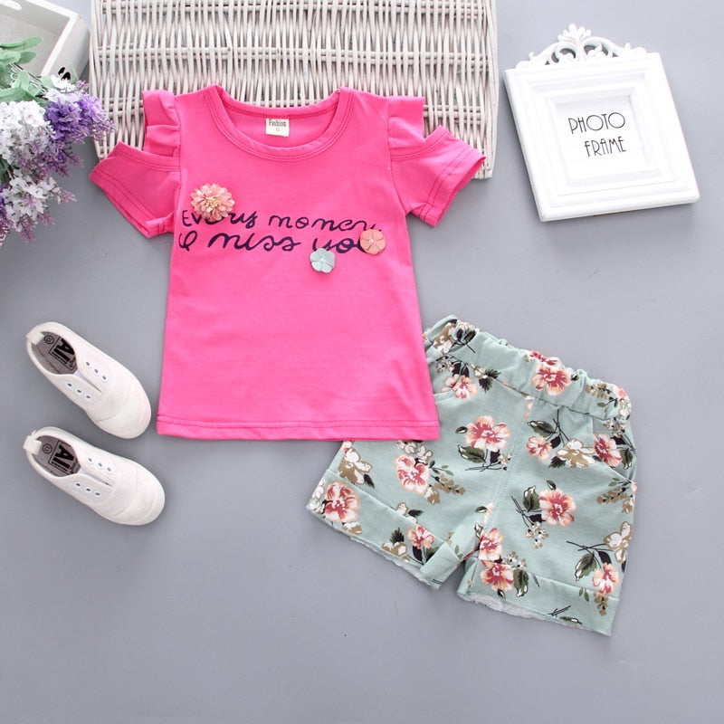 2 Pieces Cotton Girls Clothing Sets Summer Vest Sleeveless Children Sets Fashion Girls Clothes Suit Casual Floral Outfits