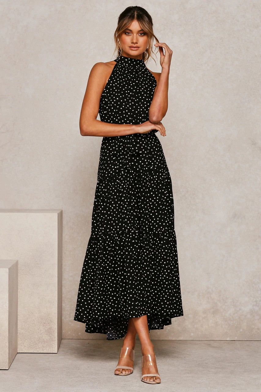 Sommer langes Kleid Polka Dot Freizeitkleider Schwarz Halfter trägerlos, gelbes Sommerkleid Urlaubskleidung für Frauen