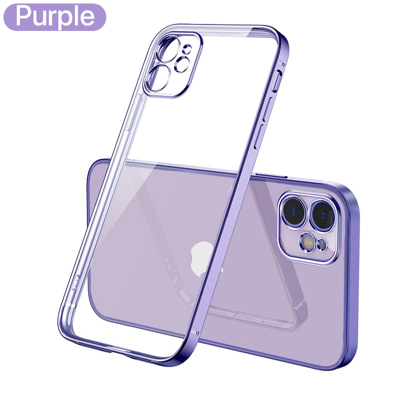 Luxusbeschichtung, quadratischer Rahmen, transparente Silikonhülle für iPhone 11 12 13 14 Pro Max Mini X XR 7 8 Plus SE 3, transparente Rückseite