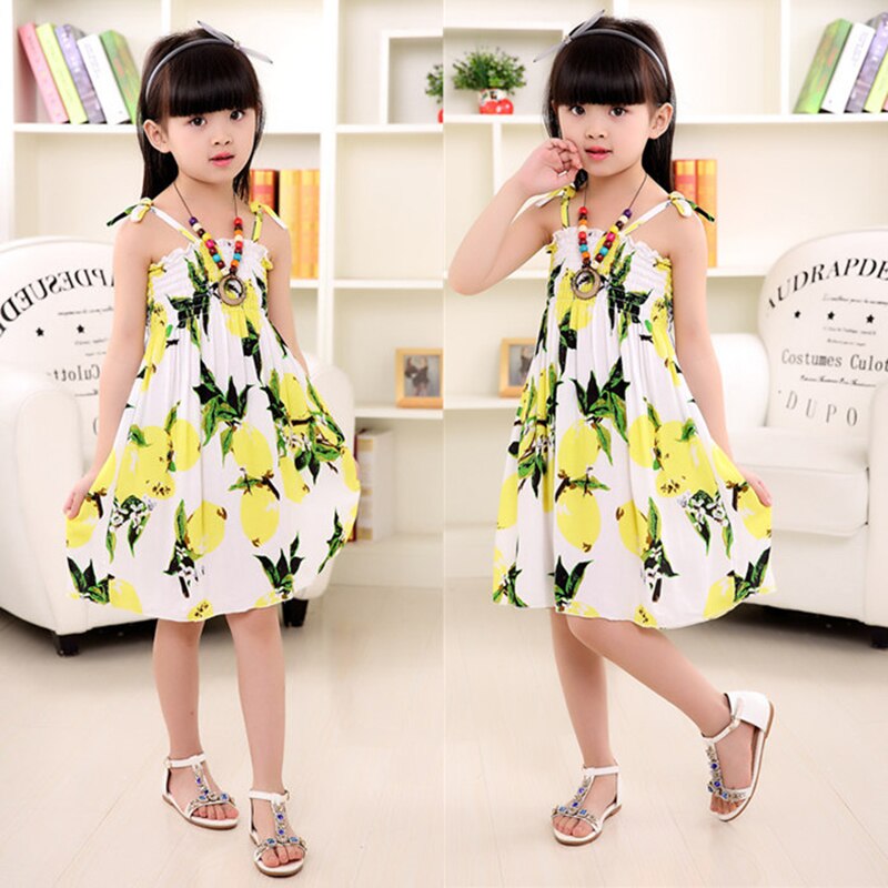 Summer Girls Floral Dress Sling Ruffles Bohemian Beach Princess Dresses for Girl Clothing 2 / 6 / 8 / 12 Years With Necklace Gift