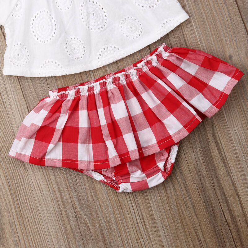 3 pièces ensemble 0-24M nouveau-né bébé fille vêtements mignon été hors épaule dentelle hauts + rouge à carreaux robe courte bandeau tenue