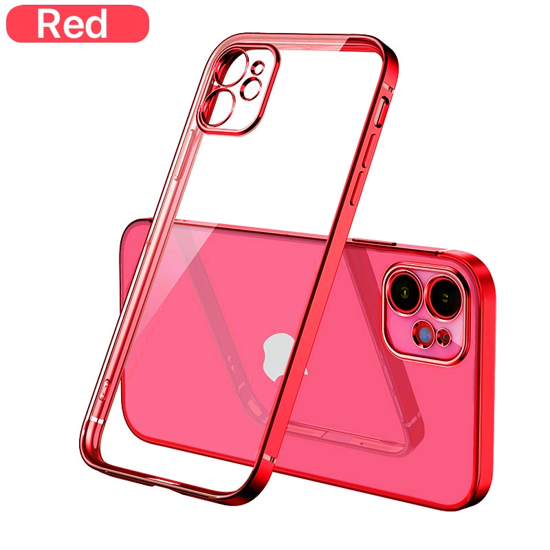 Luxury Plating Square Frame Silicone Transparent Case on For iPhone 11 12 13 14 Pro Max Mini X XR 7 8 Plus SE 3 Clear Back Cover