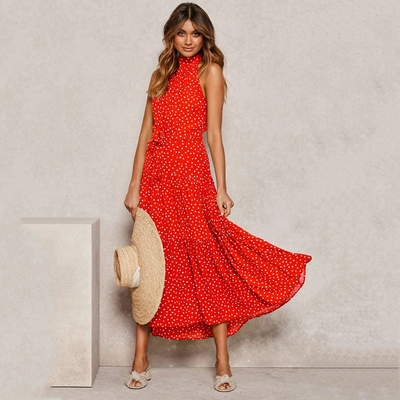 Sommer langes Kleid Polka Dot Freizeitkleider Schwarz Halfter trägerlos, gelbes Sommerkleid Urlaubskleidung für Frauen