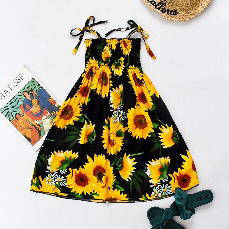 Summer Girls Floral Dress Sling Ruffles Bohemian Beach Princess Dresses for Girl Clothing 2 / 6 / 8 / 12 Years With Necklace Gift