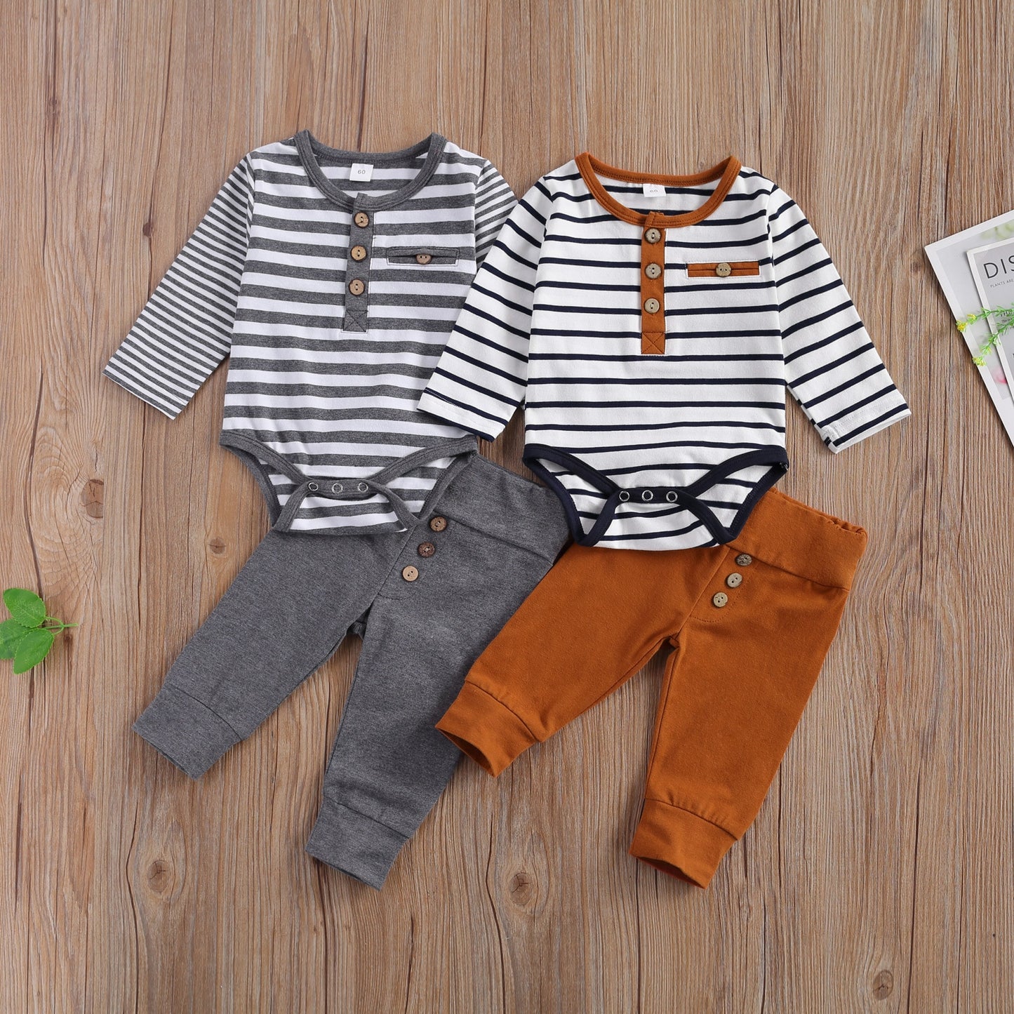 2 Stück Baby Jungen Mädchen Casual Anzug Kleidung Rundhals Langarm Streifen Strampler Knopf Dekoration Lose Hosen