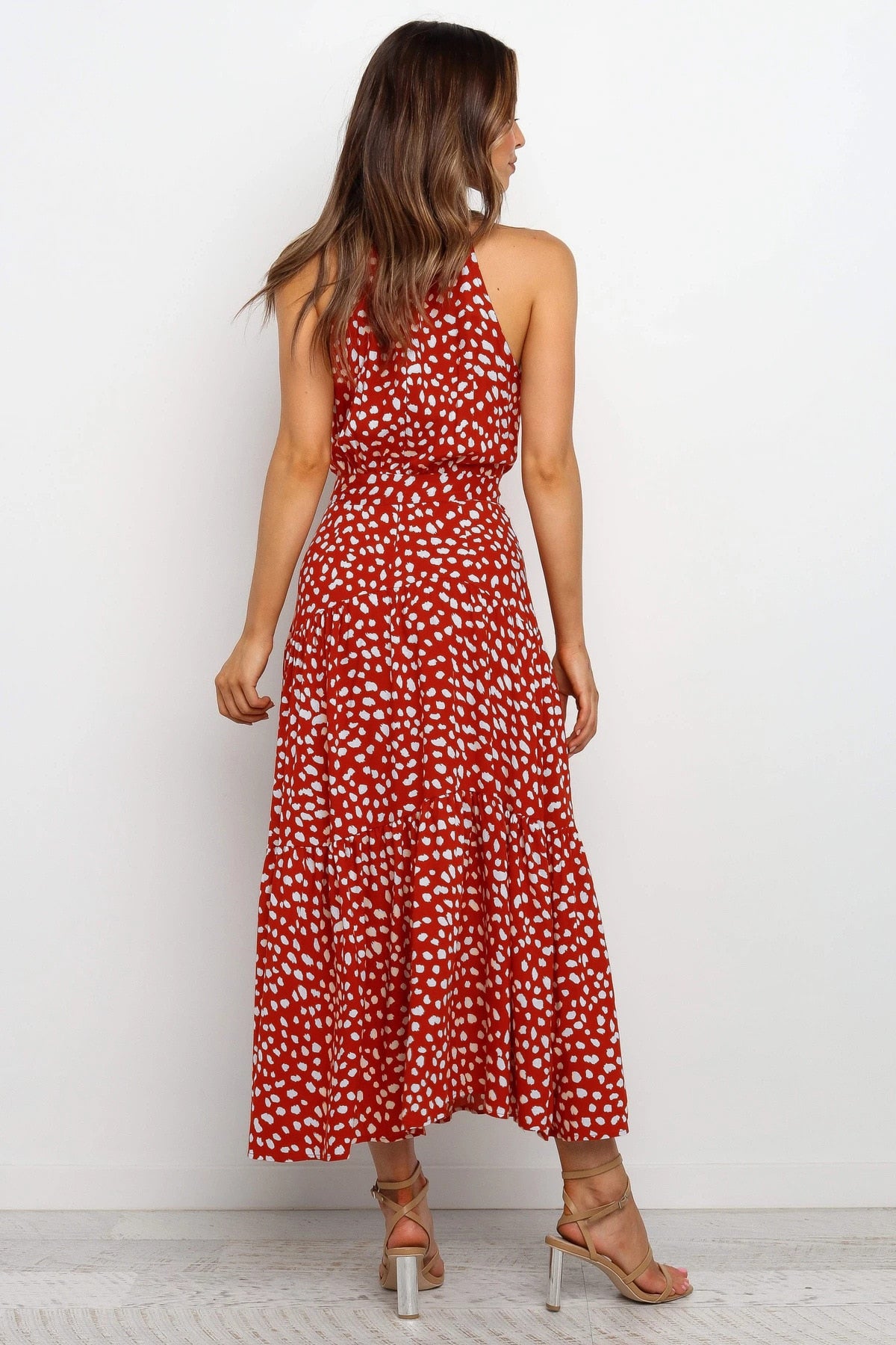 Sommer langes Kleid Polka Dot Freizeitkleider Schwarz Halfter trägerlos, gelbes Sommerkleid Urlaubskleidung für Frauen