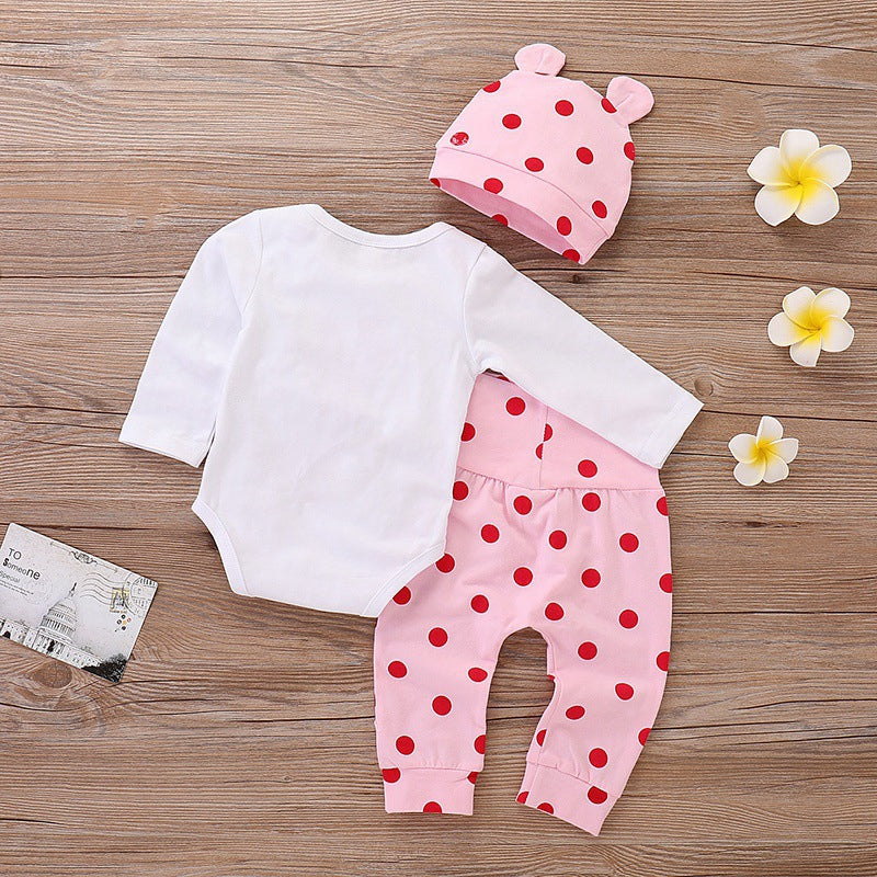 Frühling Herbst Baumwolle Neugeborenes Baby Mädchen Kleidung 0-3 Monate Polka Dot Unisex Säuglingskleidung Set Junge 3-teilige Kleidung mit Hut