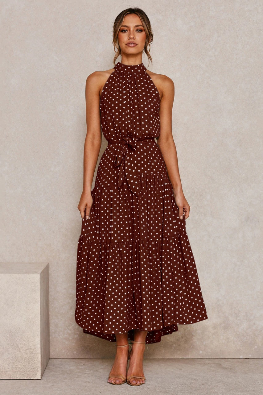 Sommer langes Kleid Polka Dot Freizeitkleider Schwarz Halfter trägerlos, gelbes Sommerkleid Urlaubskleidung für Frauen