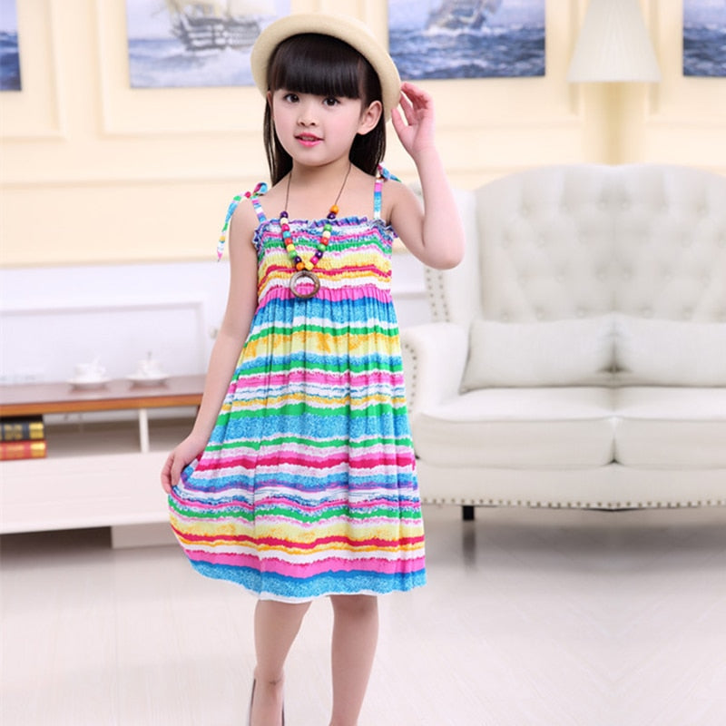 Summer Girls Floral Dress Sling Ruffles Bohemian Beach Princess Dresses for Girl Clothing 2 / 6 / 8 / 12 Years With Necklace Gift