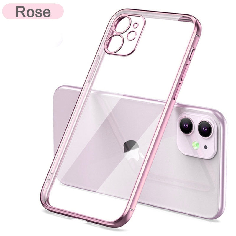 Luxury Plating Square Frame Silicone Transparent Case on For iPhone 11 12 13 14 Pro Max Mini X XR 7 8 Plus SE 3 Clear Back Cover