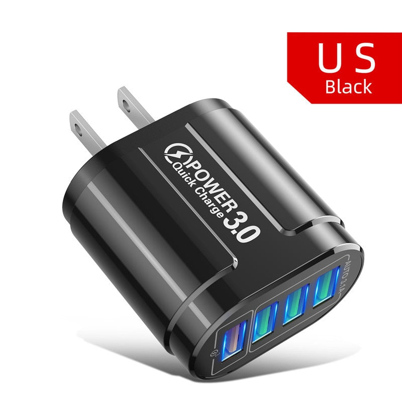 48W USB Charger Fast Charge QC 3.0 Wall Charging For iPhone 14 13 Samsung Xiaomi Mobile 4 Ports EU US Plug Adapter Travel