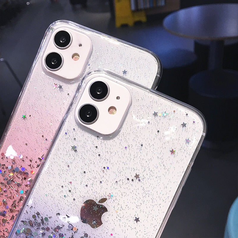 Klare Glitzer-Telefonhülle für iPhone 13 12 Pro 11 14 Pro Max XS Max XR X 7 8 Plus SE 2020 Niedlicher Regenbogen-Pailletten-Coque mit Farbverlauf