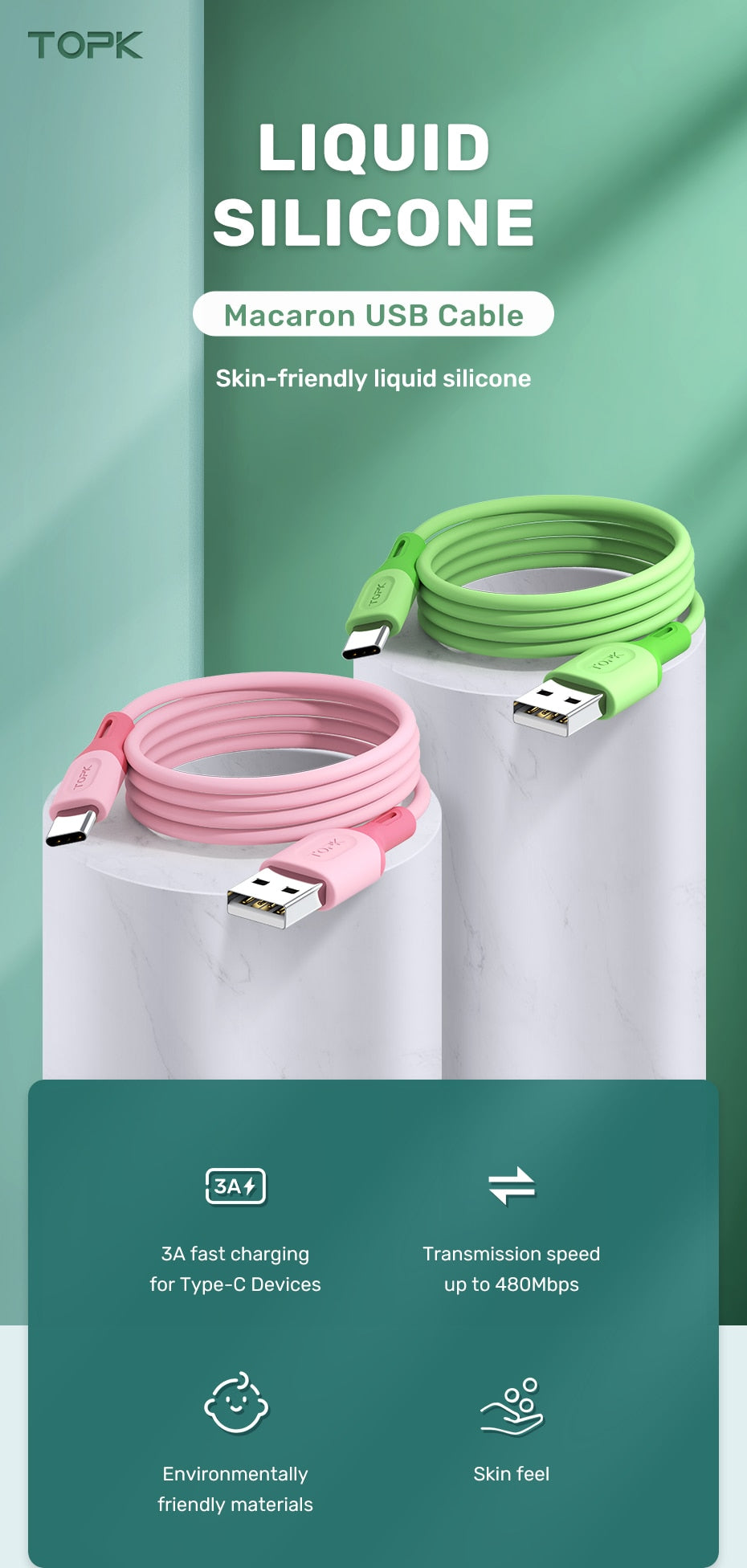 Micro USB Type C Cable, Fast Charging Liquid Silicone Mobile Phone Data Cable