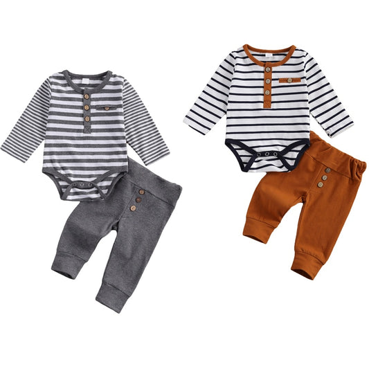 2 pièces bébé garçon fille costume décontracté vêtements col rond manches longues rayure barboteuse bouton décoration pantalon ample