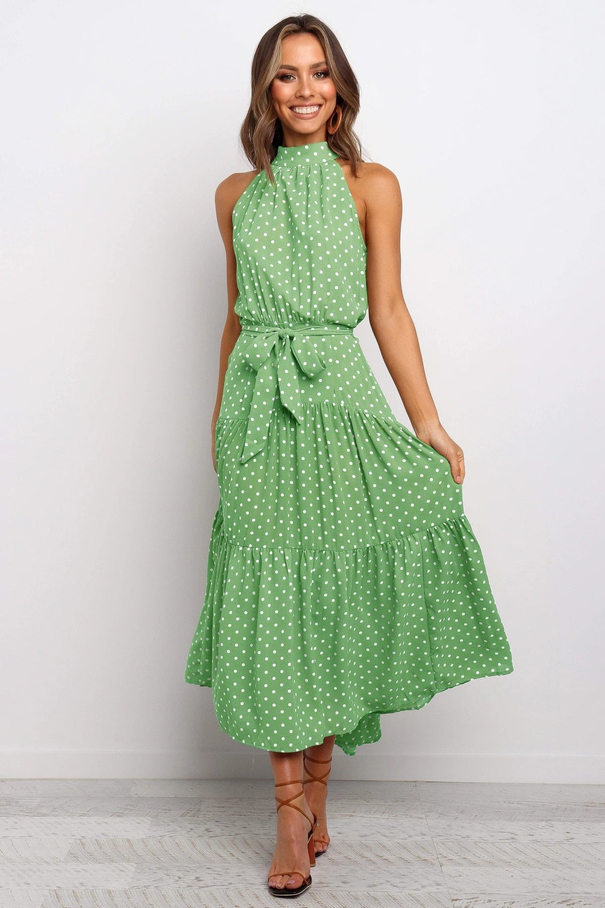 Sommer langes Kleid Polka Dot Freizeitkleider Schwarz Halfter trägerlos, gelbes Sommerkleid Urlaubskleidung für Frauen