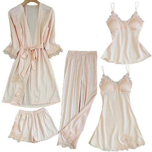 Satin Lace Pajamas Set Women Strap Top Pants Sleepwear Sleep Suit Spring Autumn Pyjamas Home Wear Nightwear Robe Gown