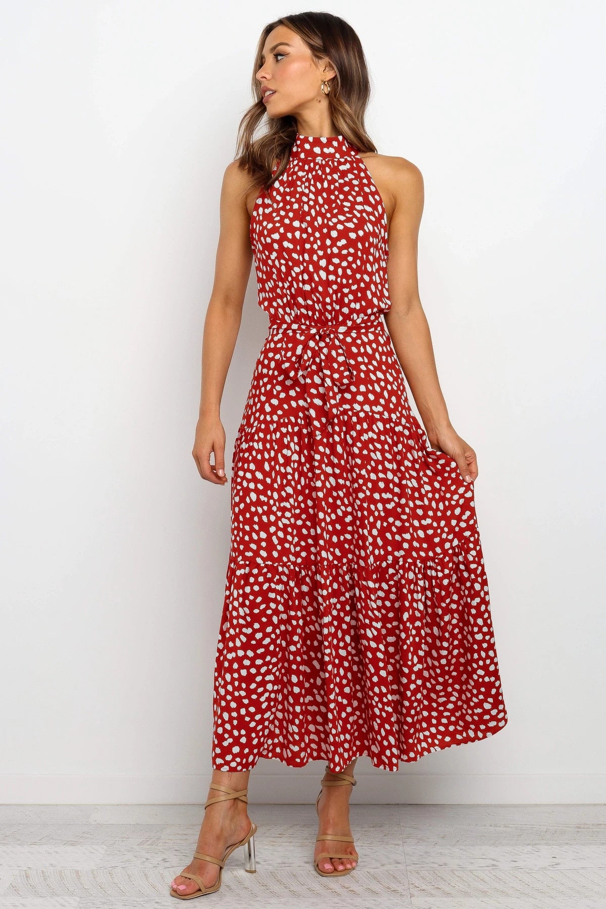 Sommer langes Kleid Polka Dot Freizeitkleider Schwarz Halfter trägerlos, gelbes Sommerkleid Urlaubskleidung für Frauen