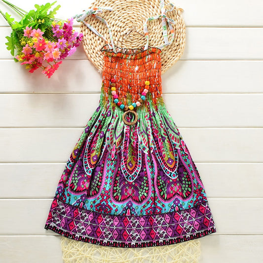 Summer Girls Floral Dress Sling Ruffles Bohemian Beach Princess Dresses for Girl Clothing 2 / 6 / 8 / 12 Years With Necklace Gift