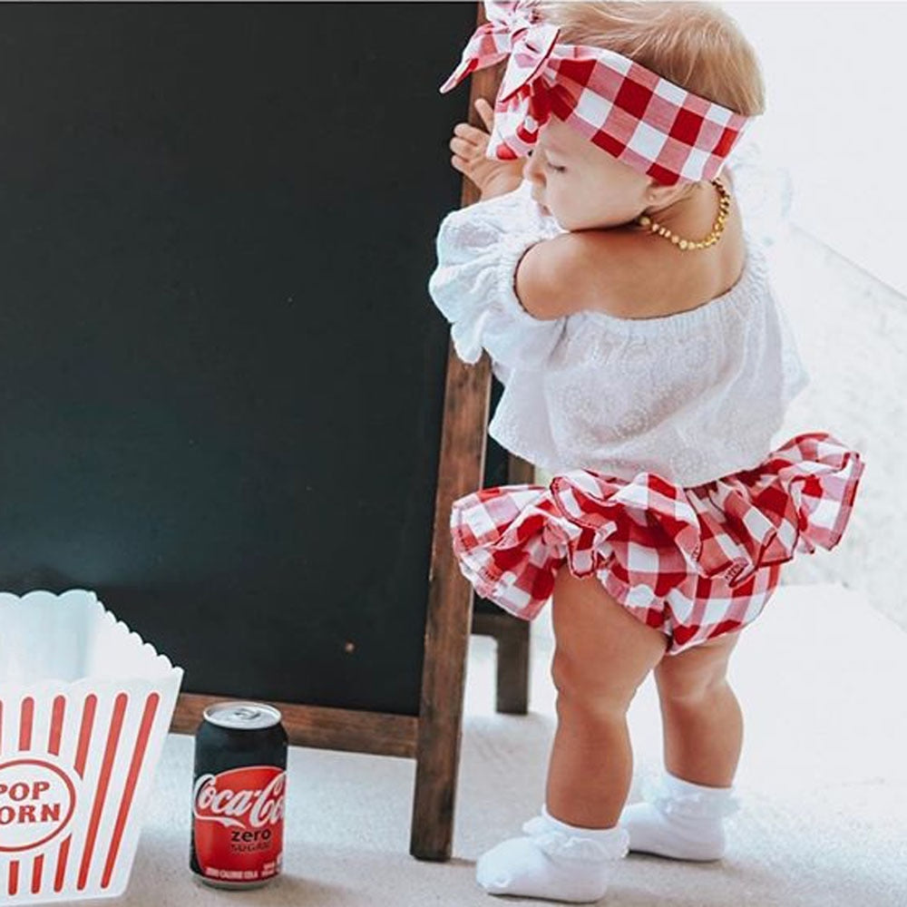 3Pcs Set 0-24M Newborn Baby Girl Clothes Cute Summer Off Shoulder Lace Tops+ Red Plaid Short Dress Headband Outfit