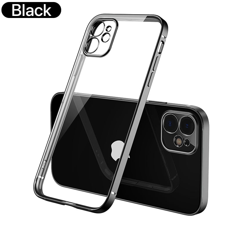 Luxusbeschichtung, quadratischer Rahmen, transparente Silikonhülle für iPhone 11 12 13 14 Pro Max Mini X XR 7 8 Plus SE 3, transparente Rückseite