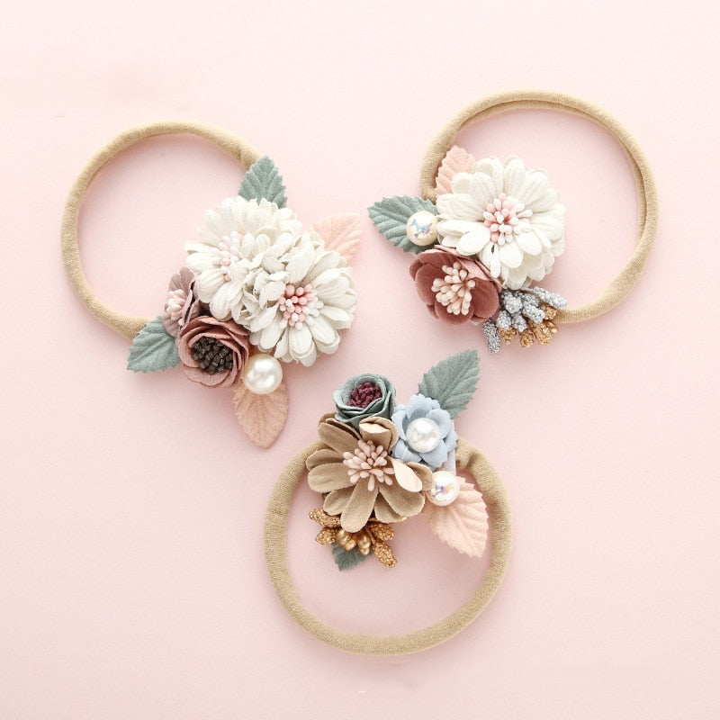 Shiny Fashion Florals Headband Newborn Baby Elastic Princess Hairbands Child Kids Pearl Fresh Style Cute Headwear Gifts