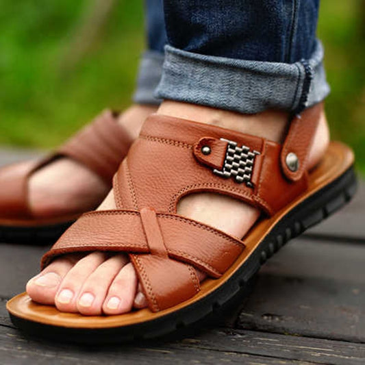 Men Leather Sandals, Summer Classic Men Shoes, Slippers Soft Sandals, Men Roman Comfortable Outdoor Walking Footwear