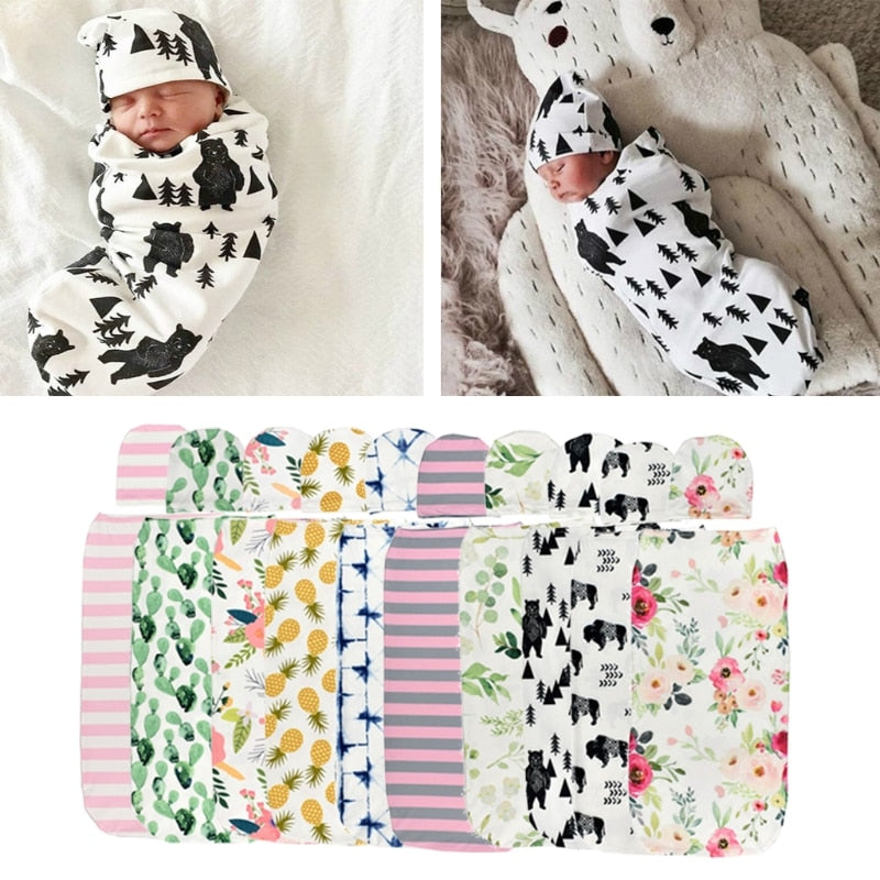 Baby Swaddle Blanket + Cap Newborn Cocoon Wrap Cotton Sack Bedding Swaddling Bag