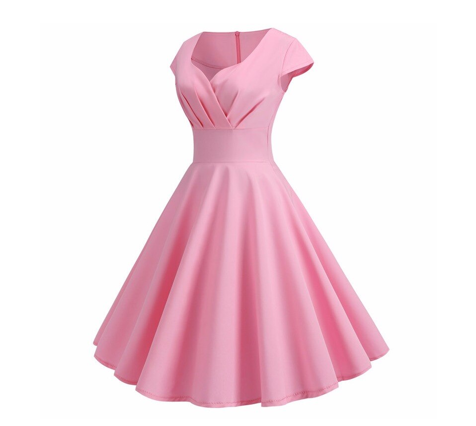 Rosa Sommerkleid Damen V-Ausschnitt Big Swing Vintage Kleid Robe Femme Elegant Retro Pin Up Party Büro Midi Kleider