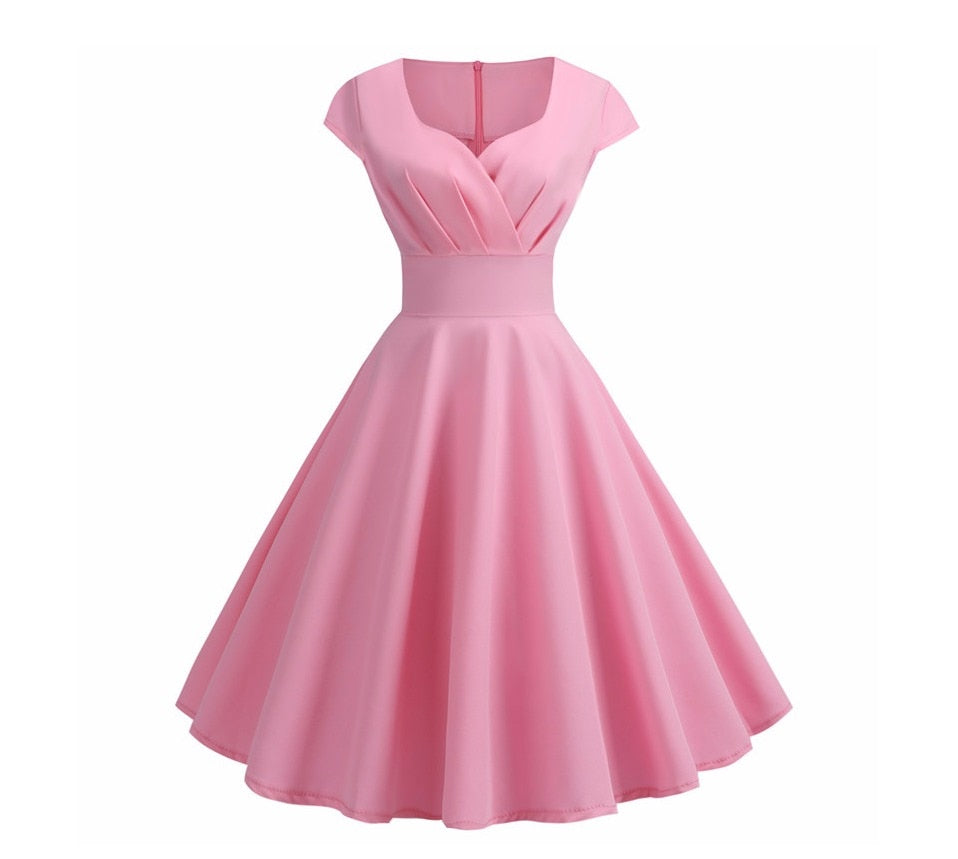 Rosa Sommerkleid Damen V-Ausschnitt Big Swing Vintage Kleid Robe Femme Elegant Retro Pin Up Party Büro Midi Kleider