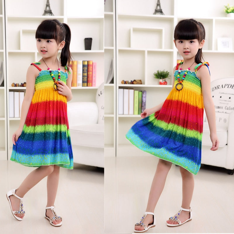 Summer Girls Floral Dress Sling Ruffles Bohemian Beach Princess Dresses for Girl Clothing 2 / 6 / 8 / 12 Years With Necklace Gift